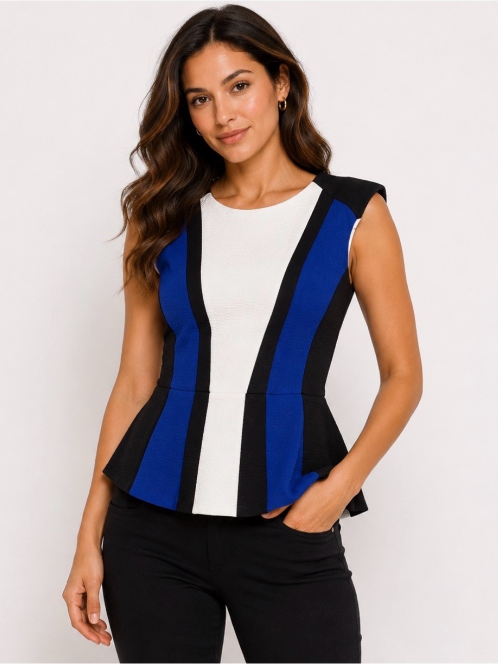 H&M Colorblock Peplum top blouse in Cobalt Blue, Black & White stretch SZ 2